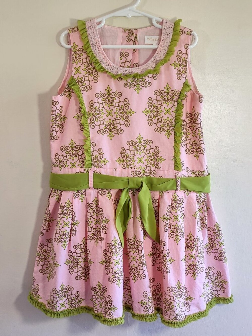Trish Scully Child Beaded Lace Ruffle Dress Pink & Green Girl Size 7 Cottage